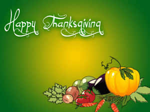 Happy Thanksgiving 文字與秋季蔬菜在綠色黃色漸變背景上