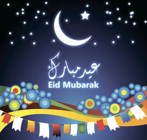 Eid Mubarak祝福，包含新月、星星和色彩繽紛的節日裝飾。 — 慶祝 壁紙