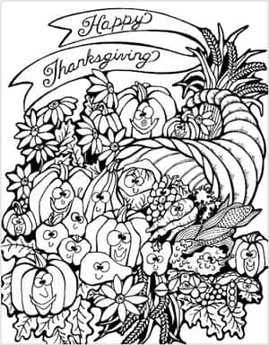 Happy Thanksgiving 豐收角裝滿微笑的南瓜、蘋果和花朵。 — 秋天 壁紙