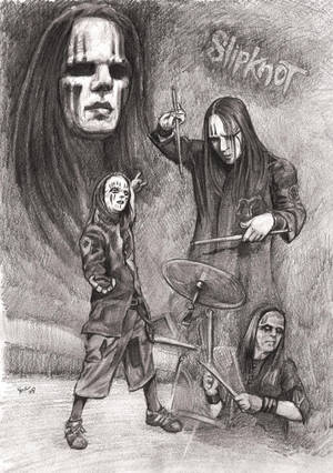 Slipknot 樂團成員戴著面具打鼓並擺出強烈姿勢。 — IQOO Pad5c 壁紙