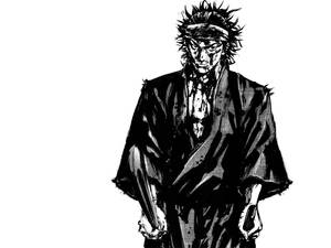 一個血跡斑斑的武士戰士，身穿傳統長袍，手持劍，表情兇猛。 — 暗黑動漫 壁紙