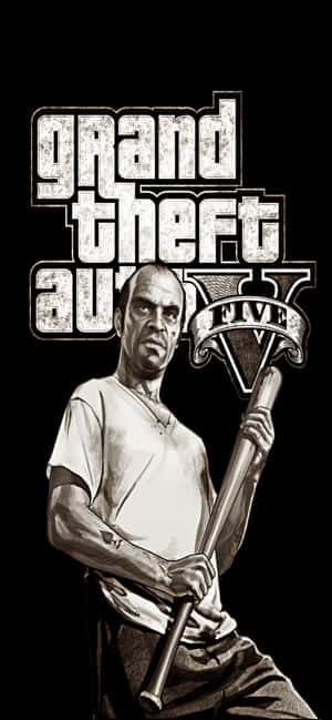 一個男人在 Grand Theft Auto V 標誌下手持棒球棍。 — 電玩遊戲 GIF 壁紙