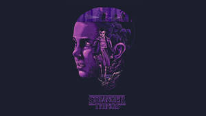 紫色插圖的頭部，包含一個在森林中的女孩，帶有 Stranger Things 標誌。