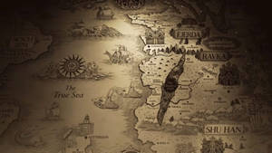一幅發光的奇幻地圖，在星光下展示神話中的陸地和海上航線。 — 暗影與骨骸 壁紙