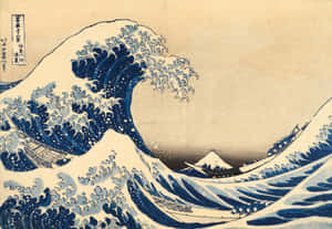 巨浪翻騰，船隻在浪濤中，遠方富士山清晰可見。 — 日式 壁紙