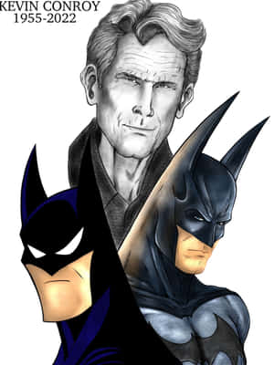 演員 Kevin Conroy 的致敬插圖，附有兩個蝙蝠俠角色設計。 — Kindle Paperwhite 壁紙