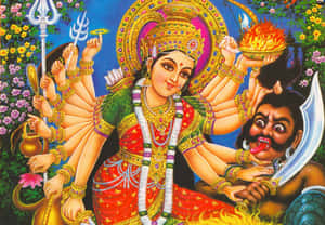 印度教女神杜爾迦（Durga）以十臂擊敗惡魔的彩色插圖。 — Maa Durga 壁紙