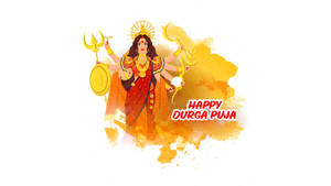 杜爾迦女神在黃色水彩背景上手持武器，並帶有「Happy Durga Puja」文字。 — Maa Durga 壁紙