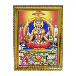 色彩繽紛的插畫印度教神祇坐在寶座上，周圍有信徒。 — Maa Durga 壁紙