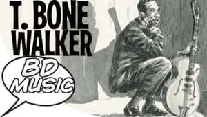 T Bone Walker 蹲著，旁邊有電吉他和 BD MUSIC 對話氣泡。 — 音樂 壁紙