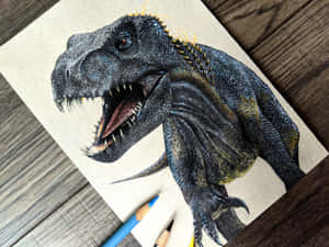 一幅逼真的彩色鉛筆畫，描繪了一隻咆哮的T-rex在紙上，美術鉛筆放在木桌上。 — 恐龍當家 壁紙