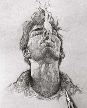 鉛筆素描中，一個男人的臉向上傾斜，煙霧從他的鼻子和頭髮中升起。 — 鉛筆素描 壁紙