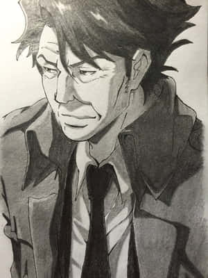 一個穿著風衣和領帶的男人，在鉛筆素描中表情嚴肅。 — 富岡義勇 壁紙