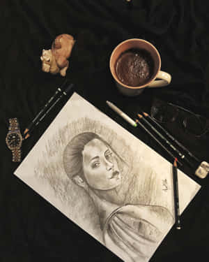 一幅鉛筆素描的女性臉部，周圍環繞著美術工具和一杯咖啡。 — 繪畫 壁紙