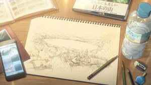 一幅鉛筆素描的山村，放在有美術用品和水瓶的桌上。