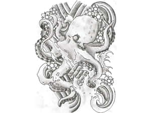 章魚在流水中與花朵，以黑白墨水素描風格呈現。 — 日式藝術 壁紙