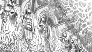 裝甲士兵騎著獅鷲生物朝向石頭堡壘，呈現奇幻戰鬥場景。 — 繪畫 壁紙