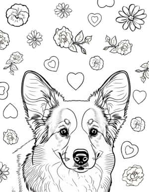 一隻柯基犬以填色書風格被花朵和心形環繞。 — 狗狗藝術 壁紙