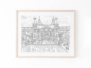 阿姆斯特丹建築的黑白線條藝術鑲框，帶有「Amsterdam」文字。 — 插畫 壁紙