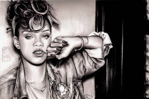 Rihanna在詳細的鉛筆素描肖像中塗口紅。 — 桌面美學 壁紙