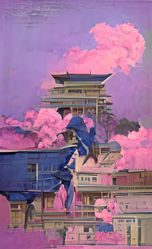 超現實數位場景，寶塔從粉紅雲層中升起，周圍是碎片建築。 — Redmi Pad 壁紙