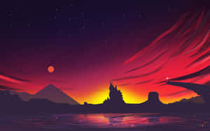 日落時分的城堡剪影，繁星與發光的月亮映照在水面上 — 三星 壁紙