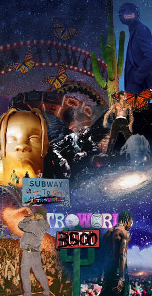 Travis Scott 在星空下與蝴蝶和仙人掌的演唱會場景。 — 美學 Roblox 壁紙