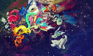 在色彩繽紛的宇宙場景中，漂浮的太空人被漂浮的樂器包圍。 — 迷失太空 壁紙