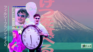 男子在故障藝術拼貼畫中手持巨大時鐘，背景為富士山和日文文字。 — 高清 壁紙