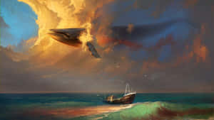一條鯨魚在暴風雨的海上，衝破小船上方熾熱的雲層。 — 魔法森林 壁紙