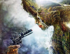 一隻手握著一支左輪手槍，槍管中出現城市景觀，瞄準了一個帶有瀑布的山脈面孔。 — 名畫 壁紙
