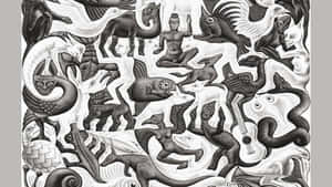 超現實的黑白插圖，描繪神話生物與人類形象交織在一起。 — 黑暗天使 壁紙