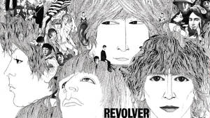 超現實的黑白插圖，描繪面孔和人物，帶有文字「REVOLVER」。 — 美學音樂 壁紙