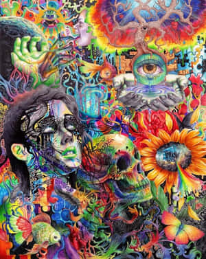 鮮豔的超現實藝術作品，以迷幻色彩呈現女性、頭骨、眼睛和向日葵。 — Apple Watch Ultra 壁紙