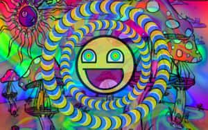 一個微笑的表情符號被彩色螺旋環繞，置身於迷幻蘑菇森林中。 — 霓虹燈 壁紙