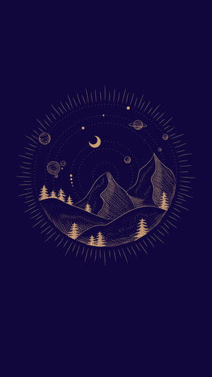金色線條畫，描繪山脈、松樹和星星，背景為深藍色 — 高畫質月亮 壁紙