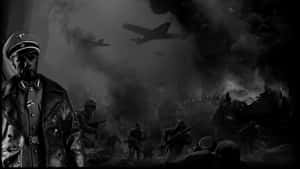 士兵在煙霧中前進，飛機在戰爭戰場上空飛過。 — 英雄連隊 壁紙