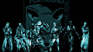 六名身穿青綠色裝備的動漫士兵站在 Fox Hound 特種部隊海報前。 — 銀刺蝟 壁紙