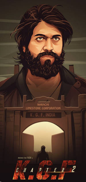 一位留鬍鬚、身穿棕色外套的男子站在帶有KGF India標誌的石拱門前。 — The Krew 壁紙