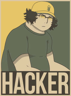 一幅風格化插圖，描繪戴眼鏡和帽子的駭客，下方有「hacker」字樣。 — Kindle 壁紙