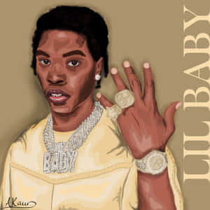 Lil Baby 穿著黃色連帽衫和鑽石珠寶的風格化插圖。 — 可愛卡通 壁紙