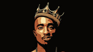 風格化插圖中戴著金色皇冠的Tupac Shakur。
