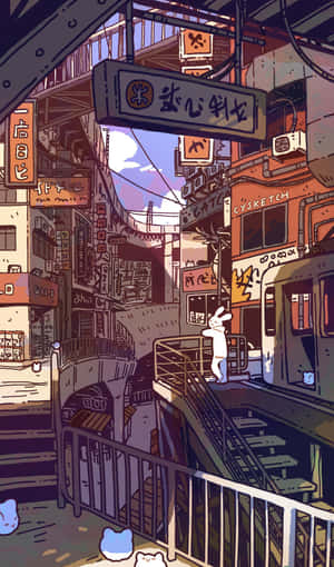一隻白兔在黃昏時分站在一座橋上，身處充滿活力的霓虹燈日本城市小巷中。 — Infinix Xpad 20 Pro 壁紙