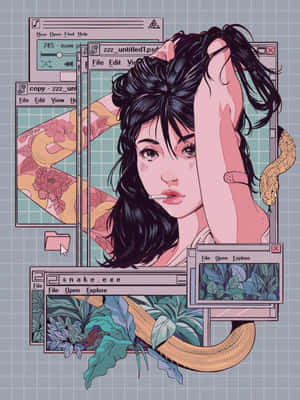 一位深色頭髮、叼著香煙的女性，周圍環繞著電腦視窗和一條蛇。 — 美麗的動畫 壁紙