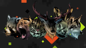 六個風格化的動物頭部排成一排，在深色背景上帶有幾何形狀。 — 小老虎 壁紙