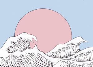 風格化的波浪插圖，帶有粉紅色太陽和藍色天空。 — 日式海浪 壁紙
