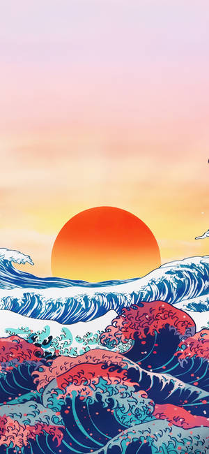 風格化的海洋波浪，帶有鮮豔的日落，採用動畫插圖風格。 — iPhone Air 壁紙