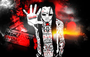 Lil Wayne帶有刺青和太陽眼鏡，在火紅的日落和專輯文字背景下。 — 嘻哈 壁紙