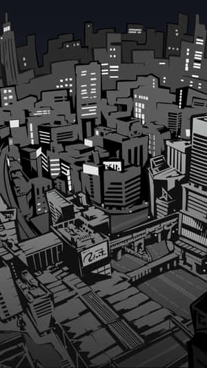 黑白插圖的城市夜景，帶有發光的窗戶和高樓大廈。 — 女神異聞錄5 壁紙