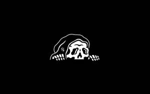 一個極簡風格的白色線條藝術骷髏，戴著兜帽，背景為黑色。 — 哥德美學 壁紙